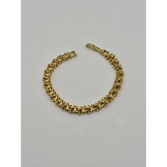 Vintage Gold Tone Metal and Faux Sapphire Faux Diamond Tennis Style Bracelet 80s - Picture 11 of 13